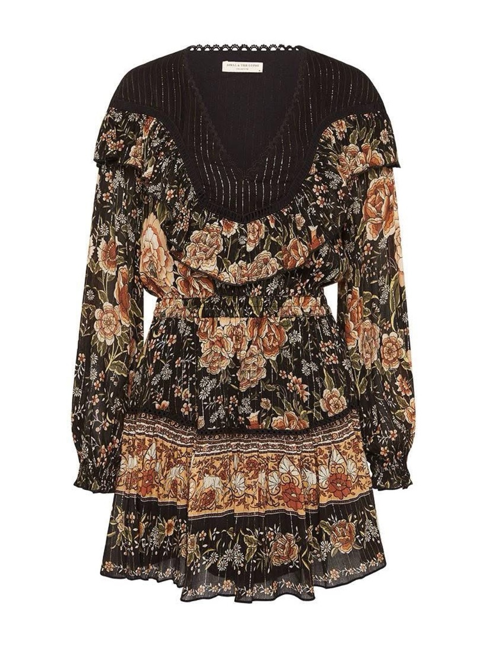 Spell Mystic 2020 Black Floral/lurex  Ruffle Mini Dress